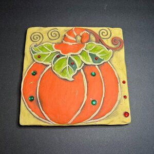 VTG Handmade Whimsy Studded Orange Pumpkin Gourd Square Halloween Tile Wall Art